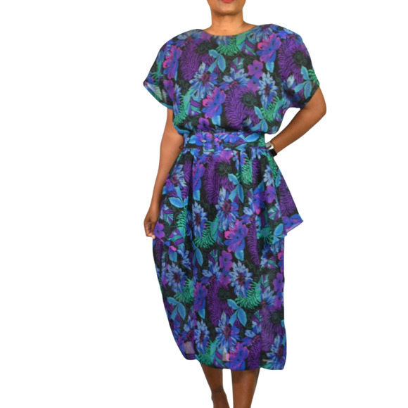 Vintage Pellini Floral Midi Dress Blue Sheer 80s Shoulder Pad Peplum USA Plus 14 - Picture 1 of 14